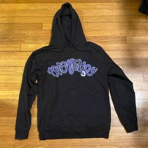 Overtime black hoodie with purple writing. Size medium.